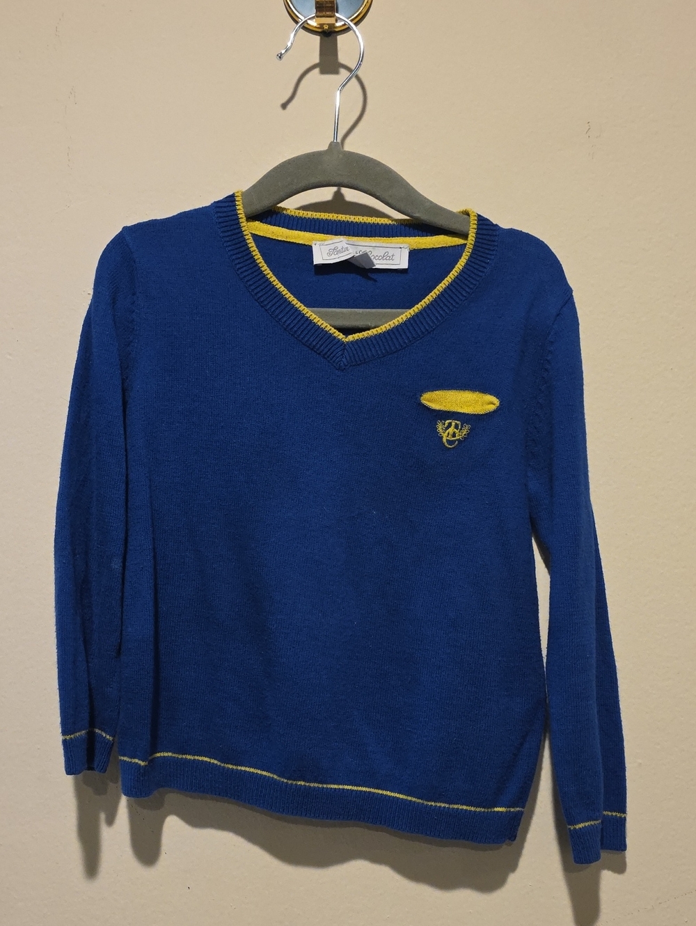 Tartine De Chocolat Boys Kids Size 4 A Blue V-Neck Sweater with Yellow Trim